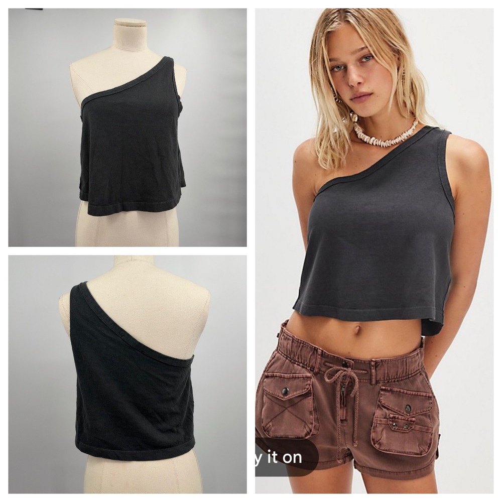 Free People We The Free Sunny One Shoulder Tank Top Valiant Black XS Cotton